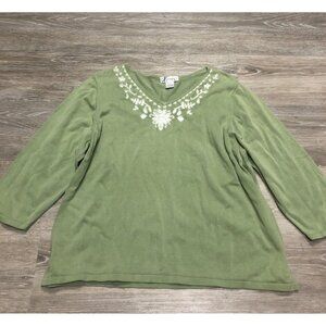 DressBarn Women’s 3X-Large 22/24 Green Flora Embroidered‎ Top 3/4 Sleeve Boho